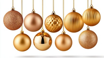Fototapeta premium Golden Christmas ornaments hanging in elegant arrangement with varied textures and metallic finishes