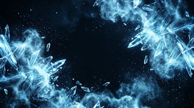 黒背景に青く輝くクリスタルの破片と煙が爆発するファンタジーな背景素材