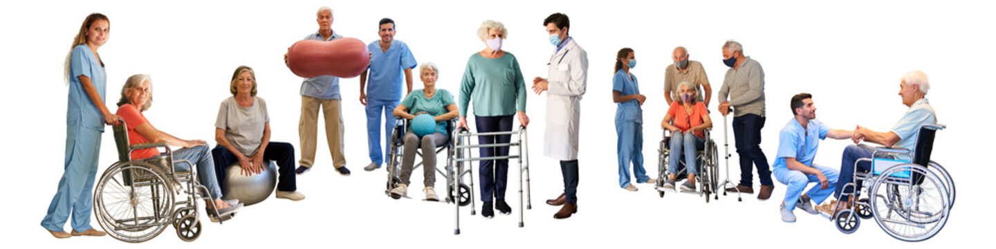 Panorama aus Menschen im Alter bei Reha mit Pflegekr&auml;ften und Therapeuten