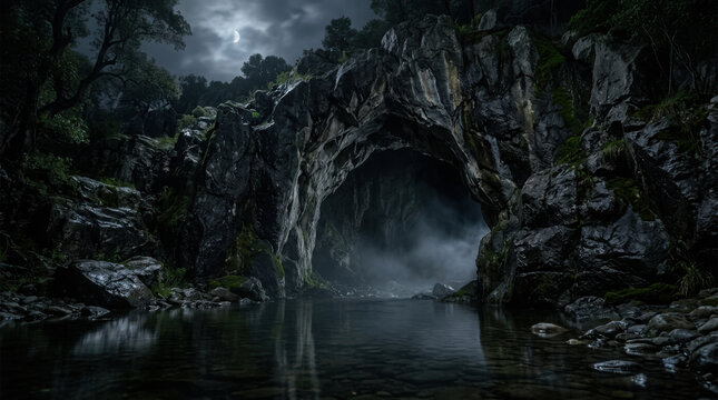 Dark rocky cave entrance with foggy water reflection under a dim moonlight night generated using ai