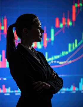 Silhouette of young businesswoman on charts background. Data science concept