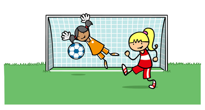 Zwei Cartoon M&auml;dchen spielen Fu&szlig;ball im Sportverein