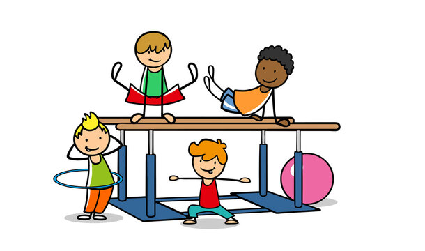 Gruppe Kinder beim Schulsport macht verschiedene &Uuml;bungen