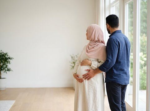 Pregnant muslim woman wearing light hijab standing with her loving husband near large windows while holding her baby bump gently