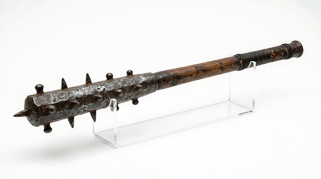 Medieval iron mace with sharp spikes and wooden handle displayed on clear acrylic stand against a plain white studio background