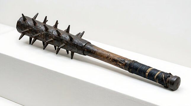 Antique medieval spiked iron mace weapon features a dark weathered wooden handle wrapped in leather displayed on a white pedestal