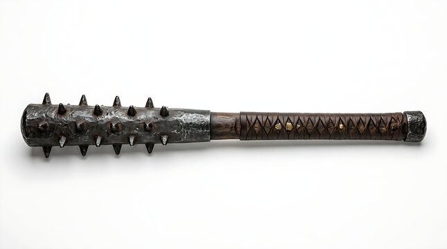 Traditional Japanese kanabo war club featuring a rugged iron head with sharp spikes attached to a dark wooden leather handle