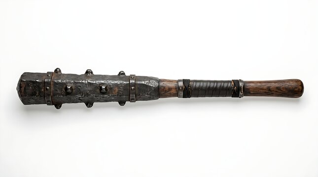 Medieval iron mace featuring rustic wooden handle with leather grip and weathered metallic studs presented on a clean white background