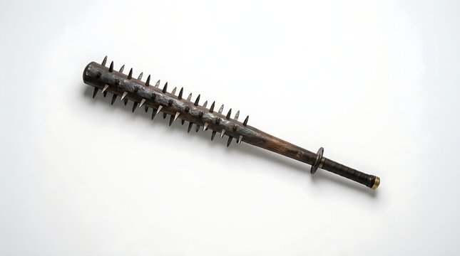 Japanese kanabo war club featuring numerous sharp metal spikes along a dark wooden shaft isolated on a clean white background