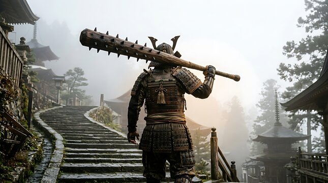 Japanese samurai warrior wearing intricate traditional metal armor stands on ancient stone temple steps holding heavy spiked wooden club weapon