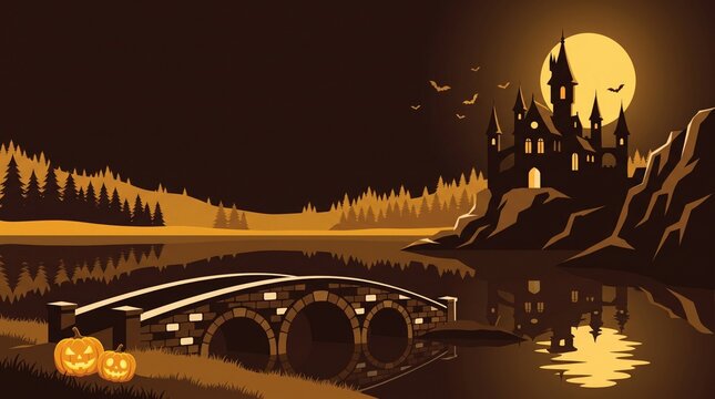 A captivating halloween night scene depicts a spooky castle silhouetted against a full moon with a dark mysterious river and glowing jack o' lanterns creating