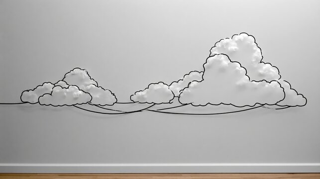 Simple cloudscape illustration drawn with a single continuous line, depicting a dreamlike horizon as a concept for freedom and peaceful escape