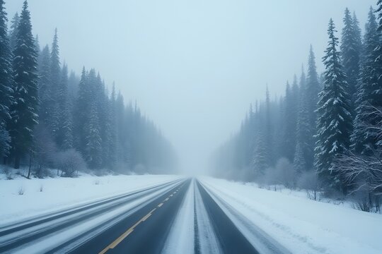 Empty Snow Covered Road Vanishing Into a Foggy Evergreen Forest in Winter