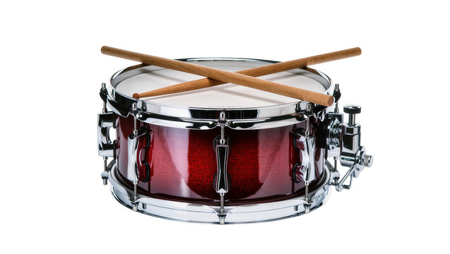 Shiny red snare drum with crossed wooden drumsticks, isolated on transparent background