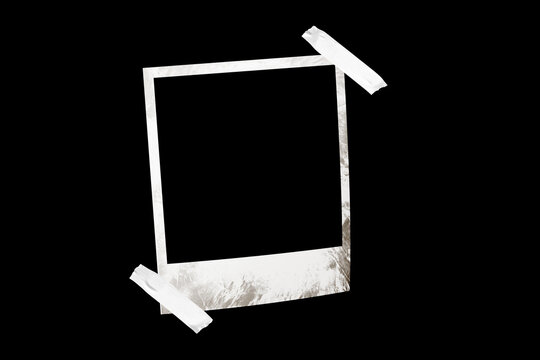 Vintage photo frame card with textured paper and adhesive tape, isolated on black JPEG background