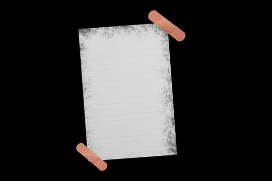 Piece of notebook paper patched with a torn bandage, isolated black JPEG.