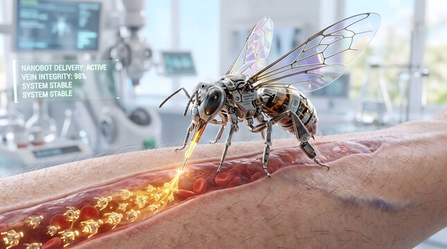 Robotic bee with solar wings injecting glowing golden digital nanobots into a human vein