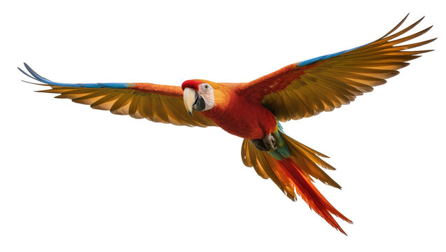 Scarlet macaw parrot with vibrant orange red and blue feathers, flying isolated on transparent background