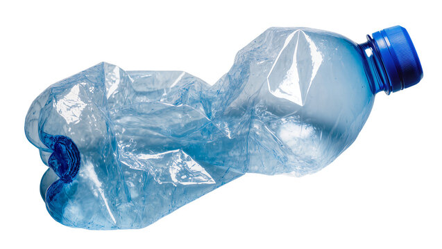 Crushed blue plastic water bottle with blue cap, isolated on transparent background