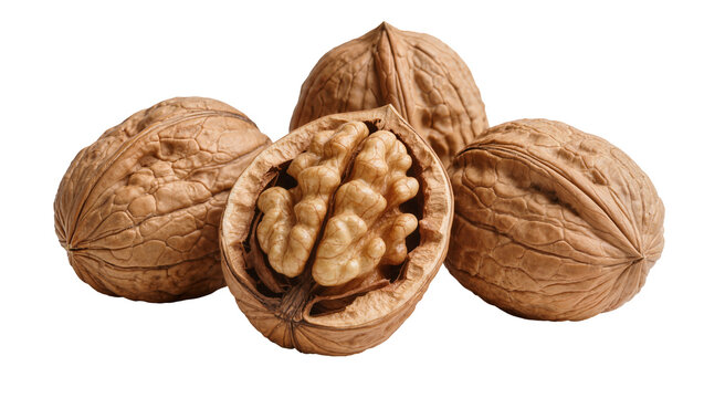 Whole and cracked walnuts with visible kernels, isolated on transparent background