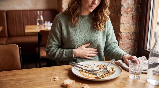 Stomach ache and indigestion after eating, woman holding bloated belly in restaurant, food intolerance and digestive health concept