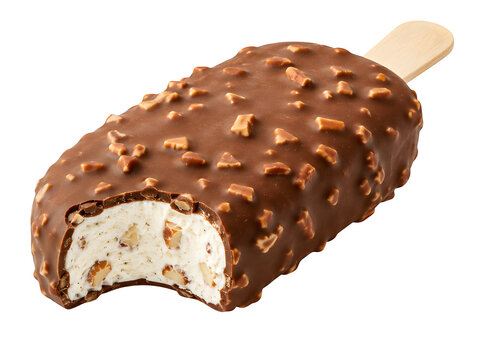 Chocolate almond ice cream bar, bitten vanilla popsicle, nutty cocoa dessert isolated on Transparent Background