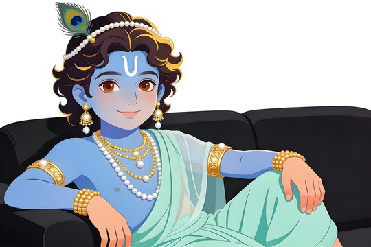An illustrated Krishna sits relaxed on a black sofa with gold jewelry and mint dhoti against a clean flat white background