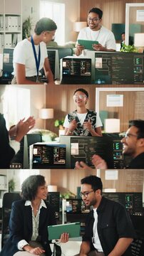 People, programming or winning with high five for software development, success or app launch. Collage, group project or employees with tablet or team applause for computer science or data management