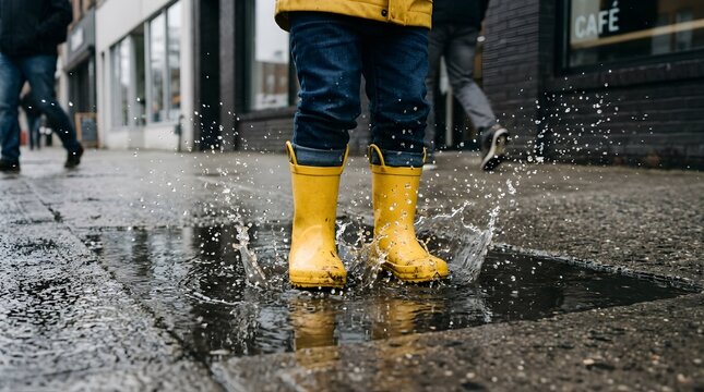 Child in yellow rain boots jumping in a puddle on a city street