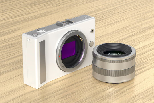 Mirrorless camera and zoom lens on a wooden desk