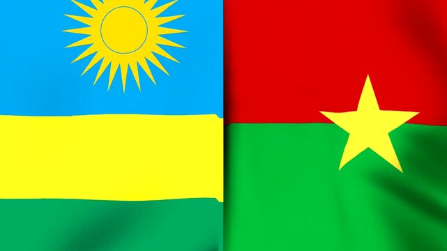 A side by side digital illustration of the national flags of Rwanda and Burkina Faso waving together