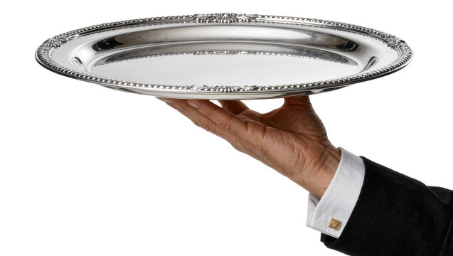 Man s hand in suit holding ornate silver platter, isolated on transparent background