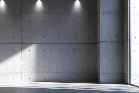 Industrial gallery showroom mockup featuring exposed concrete tie-rod holes under triple ceiling spotlights beams.