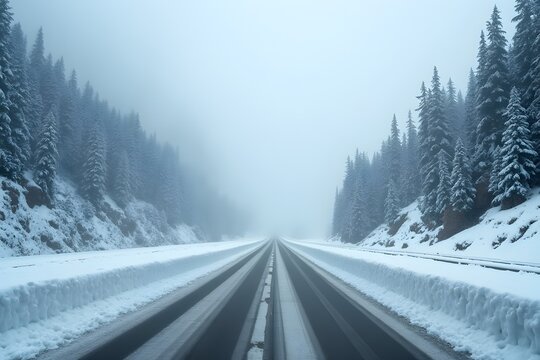 Snow Covered Mountain Highway Disappearing Into Dense Winter Fog Between Evergreen Trees
