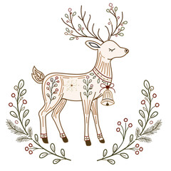 Scandinavian Reindeer Bell Christmas Ornament, Nordic Folk Art Dotwork Botanical Holiday Illustration © nunn