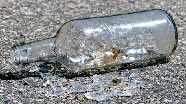 Broken glass bottle with shattered pieces scattered on pavement, showing hazardous debris, urban safety risks, accidental damage, litter, vandalism, and cleanup concerns