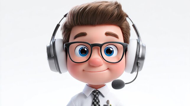 Cartoon Character with Headset: A cheerful cartoon character, wearing glasses and headphones, embodies helpfulness and excellent customer service, with a friendly smile and attentive expression.