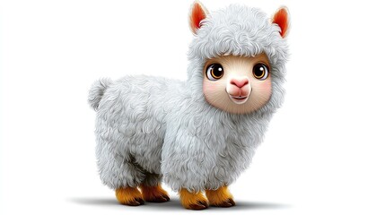 Naklejka premium Cute Fluffy Alpaca Character: A charming and fluffy baby alpaca with big, expressive eyes and a soft, white coat stands ready for adventure in a bright, clean setting.