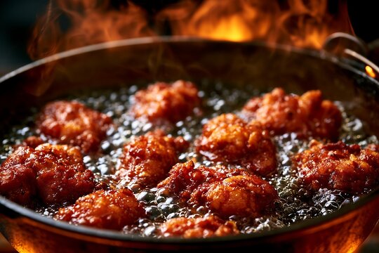 Cinematic wok deep frying technique featuring crispy japanese karaage chicken enveloped in roaring open flames.