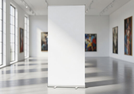 Blank white roll up banner mockup in a bright modern art gallery