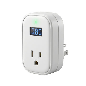White smart electrical plug adapter with a digital voltage display screen and a green indicator light, isolated on a white background isolated on a transparent background