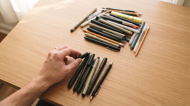 A hand reaches for a black pen as a collection of writing instruments sprawls across a wooden table. Sunlight streams in, highlighting the vibrant colors and textures.
