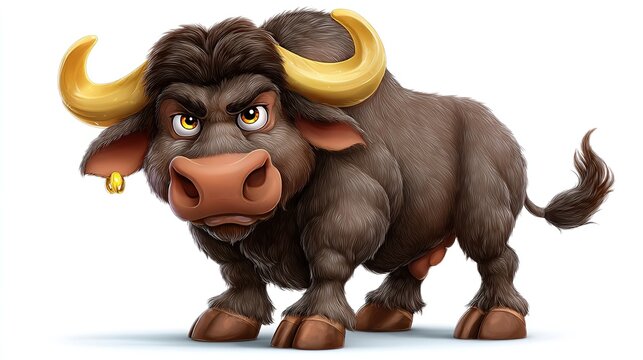 Angry Bull with Golden Horns: A fierce bull with large, golden horns and an angry expression stands powerfully, showcasing its muscular build and intimidating presence.