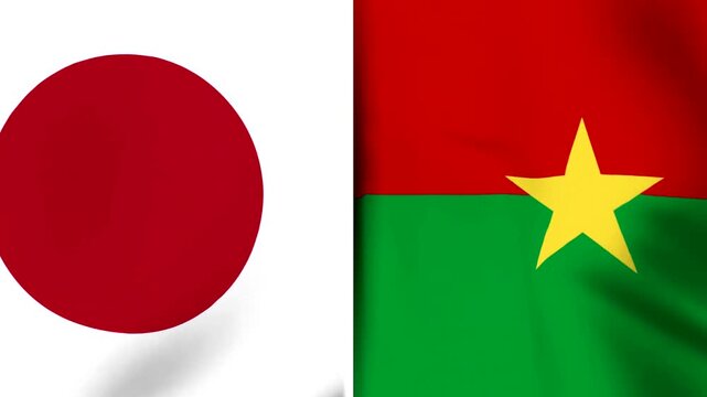 National flags of japan and burkina faso side by side on a wavy fabric texture