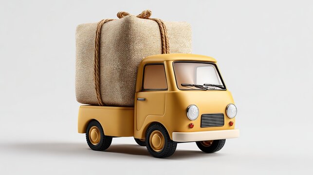 Tiny Truck Delivery: A charming, cartoon-style yellow truck is laden with a large, securely wrapped package, ready for delivery.