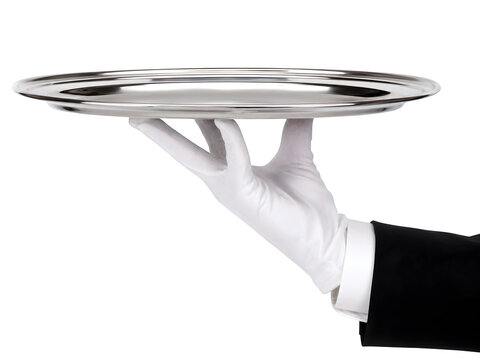 Silver serving tray held by waiter, gloved hand with platter, luxury service isolated on Transparent Background