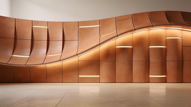 Parametric wall design crafted from warm terracotta panels with integrated LED lights. High resolution 3D illustration suitable for contemporary architecture and luxury interiors.