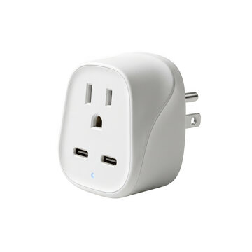 White compact smart power plug adapter with one electrical outlet and two usb-c ports, featuring a small blue moon light, isolated on white isolated on a transparent background