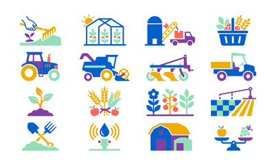 Naklejka premium Colorful flat design icons representing various aspects of modern agriculture and farming