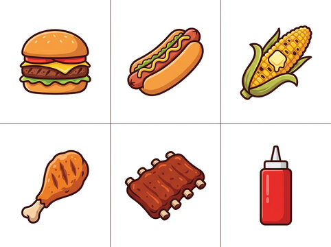 Collection of Hand Drawn Picnic Food Items and Classic Barbecue Menu Icons for Graphic Design